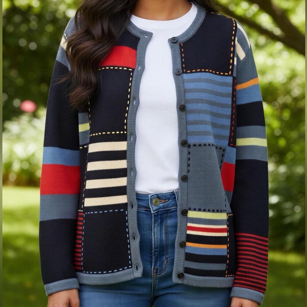 Crazy Horse Liz Claiborne Vintage Patchwork Striped Button Cardigan Sweater 2X